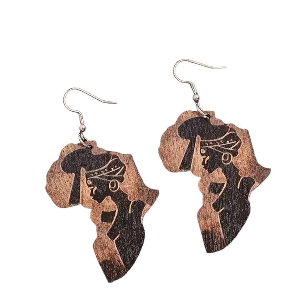 Wooden African Continent Earrings with Beautiful African Woman Silhouette